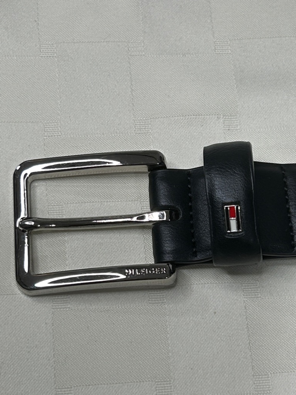 Tommy Hilfiger Black Belt with Polished Silver Buckle and Signature Flag